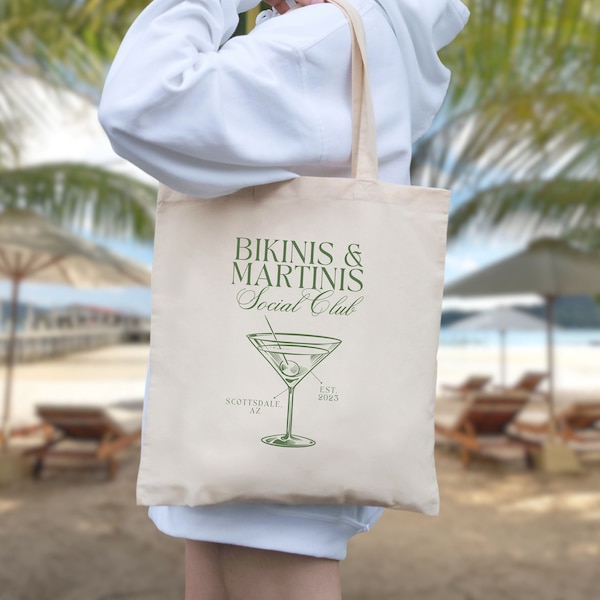 Bikinis and Martinis, Bachelorette Tote Bag, Bachelorette Party Favors Beach, Bridesmaids Beach Bag, Bridal Party Gift, Custom Tote Bags