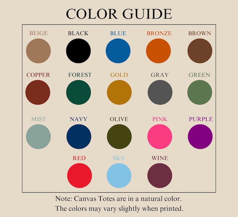 May include: Color guide with 18 different color swatches. The colors include beige, black, blue, bronze, brown, copper, forest, gold, gray, green, mist, navy, olive, pink, purple, red, sky, and wine.