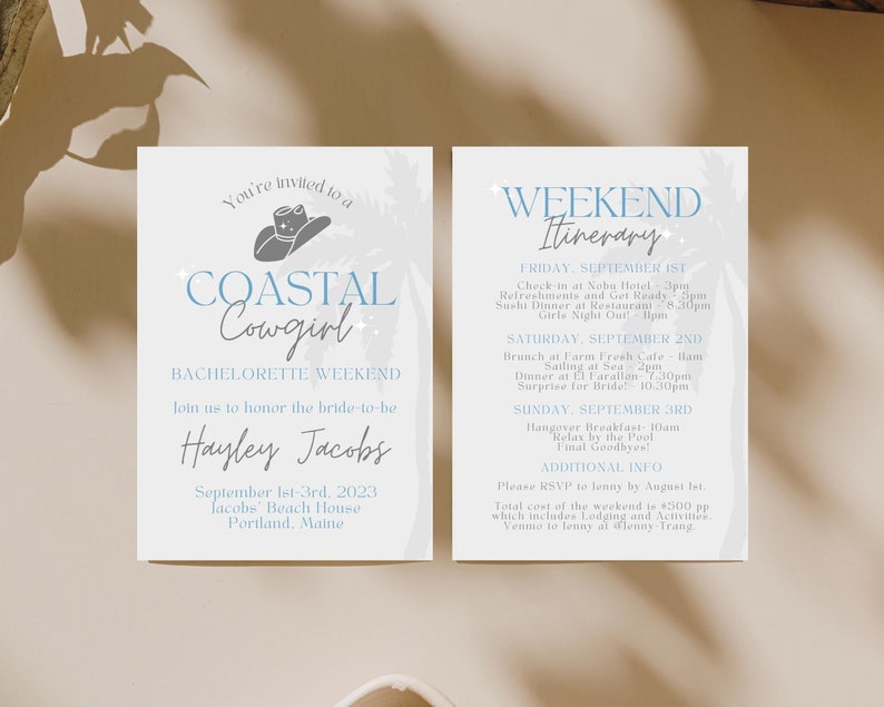 Coastal Cowgirl Bachelorette Invite, Coastal Grandmother Digital Invitation, Coastal Aesthetic Weekend Itinerary, Canva Template Editable image 2