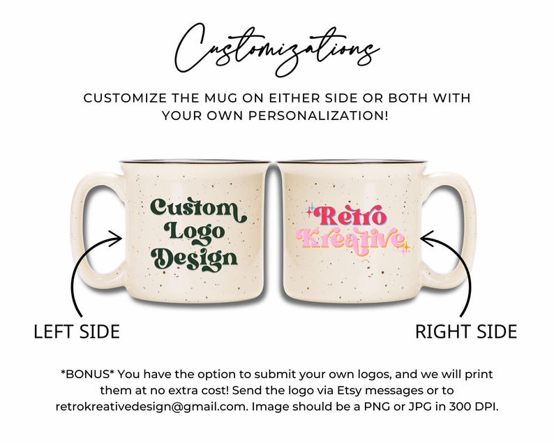 May include: Two cream-colored mugs with black rims and handles. One mug features "Custom Logo Design" in dark green, the other displays "Retro Kreative" in pink and yellow. The image text says "Customizations" and "Customize the mug on either side or both with your own personalization!"