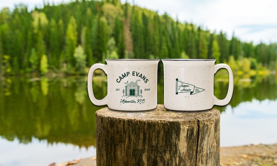 Speckled Camping Mug, Camp Bachelorette Favors, Coffee Wedding Favors, Stoneware Mug, Custom Camping Cup, Mountain Wedding, 13oz Ceramic Mug