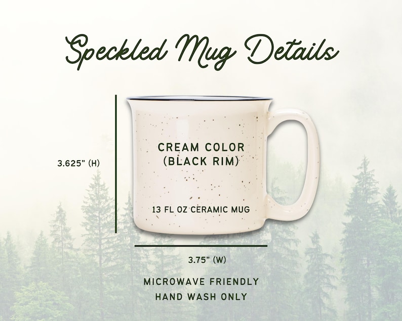 May include: Cream-colored ceramic mug with black speckles and a black rim. The mug is 3.625 inches high and 3.75 inches wide, with a 13 fl oz capacity. The text "Speckled Mug Details" is at the top.