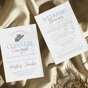 Coastal Cowgirl Bachelorette Invite, Coastal Grandmother Digital Invitation, Coastal Aesthetic Weekend Itinerary, Canva Template Editable image 1