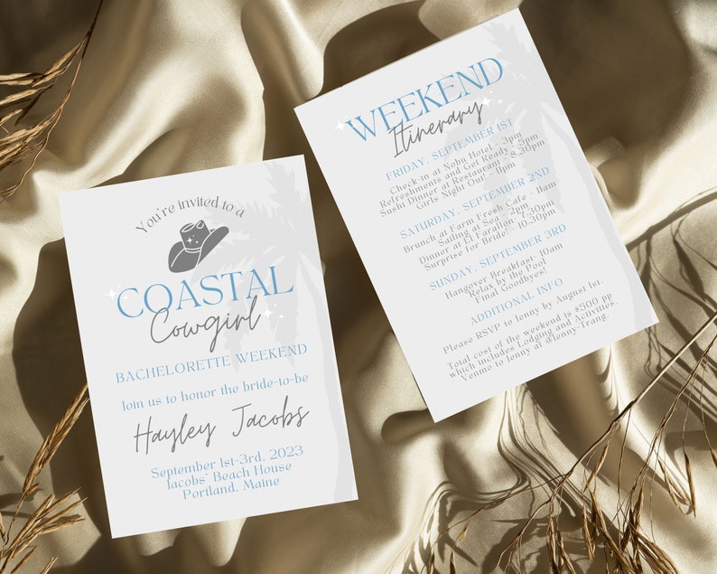 Coastal Cowgirl Bachelorette Invite, Coastal Grandmother Digital Invitation, Coastal Aesthetic Weekend Itinerary, Canva Template Editable image 1