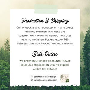 May include: A white card with the text "Production & Shipping" and "Bulk Orders" in a handwritten font. The card is taped to a background of a forest scene. The text includes the Etsy shop's social media handles.