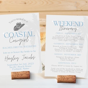 Coastal Cowgirl Bachelorette Invite, Coastal Grandmother Digital Invitation, Coastal Aesthetic Weekend Itinerary, Canva Template Editable image 4