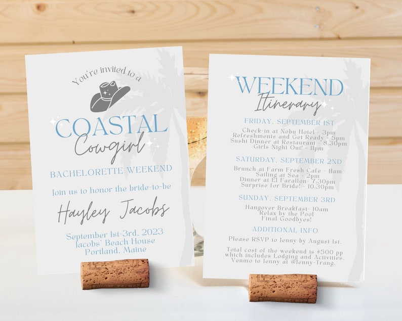 Coastal Cowgirl Bachelorette Invite, Coastal Grandmother Digital Invitation, Coastal Aesthetic Weekend Itinerary, Canva Template Editable image 4