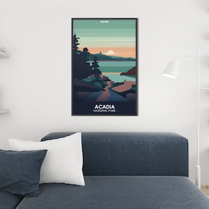 Cartel de viaje del Parque Nacional Acadia - Paisaje costero de Maine, Montaña Cadillac, Arte de pared de estilo vintage, Recuerdo o regalo perfecto