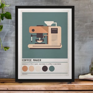 Coffee Maker Art Print: Turquoise, Orange, Cream Kitchen Decor (Digital Download)