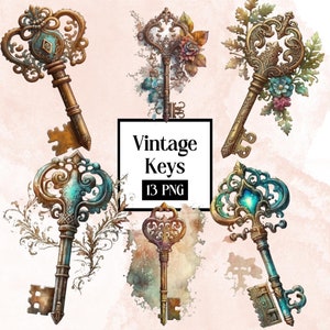Key clipart. Vintage clipart, retro clip art, boho. Old key, png. Antique keys. Scrapbooking. Digital watercolor. Free commercial use.