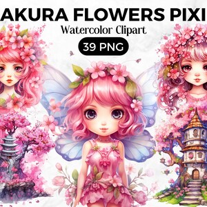 Watercolour Sakura Flowers Pixie Clipart,Fairytale Fantasy PNG Digital Image Downloads for Card Making,Scrapbook, Junk Journal, Paper Crafts