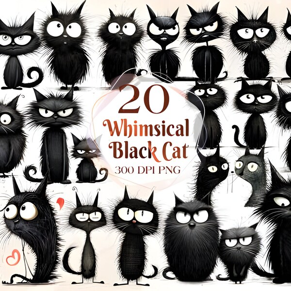 Whimsical Black Cats Clipart, Cute Watercolor Graphics in PNG and SVG, Digital Kitten Illustrations for Commercial use, Junk Journal