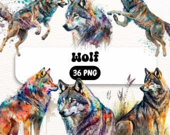 Wolves Watercolor Clipart Bundle - 129 PNG Wolf Fairytale Images, Fantasy Magical Graphics, PNG, Instant Digital Download, Commercial Use