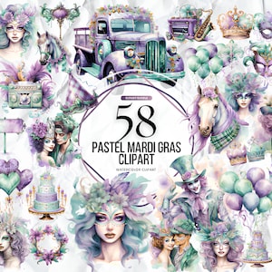 Watercolor Pastel Mardi Gras Clipart PNG Bundle King Cake Clipart Masquerade Clip Art Fleur de lis Graphics Happy Mardi Gras Png Carnival