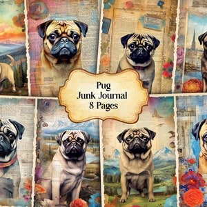 Watercolor Pug Junk Journal Printable Page, Pug Dog Junk Journal, Junk Journal Paper Digital Collage Sheet, Instant Download, Pug Dog Kit