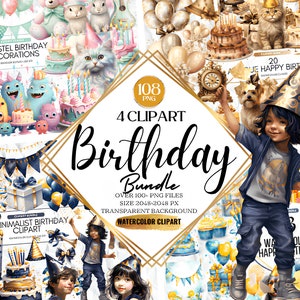 メガバンドル 108 ハッピーバースデー クリップアート、女の子の誕生日クリップアート、誕生日プランナー グラフィック、誕生日パーティー クリップアート、水彩画の誕生日パーティー