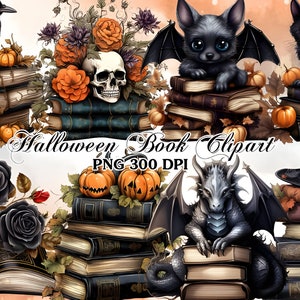 Halloween Books Watercolor Clipart Bundle | PNG Trick or Treat Images, Sweet Dessert Graphics, Instant Digital Download,Commercial Use