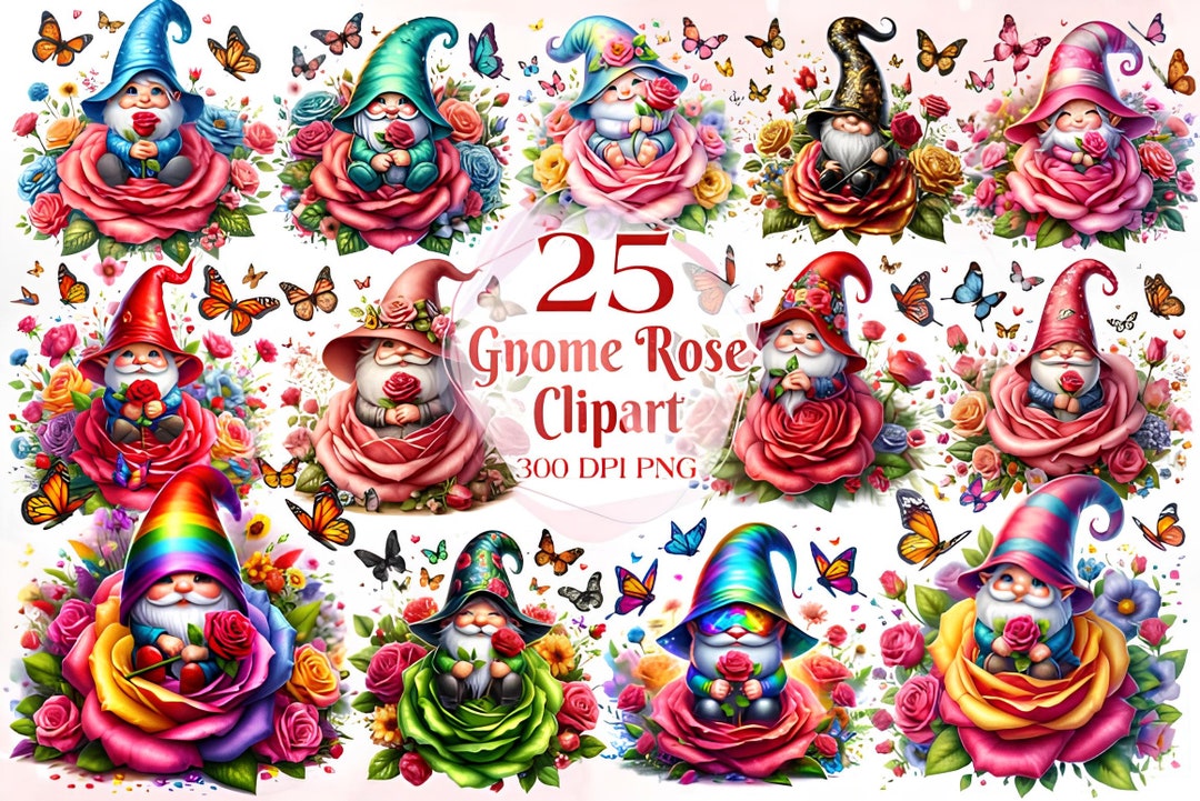 Watercolor Rose Gnome Collection Clipart, 25 PNG Mothers Day Clipart ...