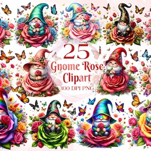 Watercolor Rose Gnome Collection Clipart, 25 PNG Mothers Day Clipart, Flower Gnome Clipart Bundle, Spring Gnomes Clipart, Commercial Use