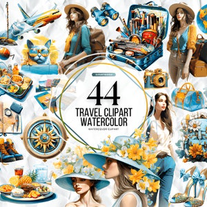 Aquarell Reise Clipart | Urlaub Urlaub Grafiken, Flugzeug, Koffer, Ticket, Gepäck Illustrationen | Sofort Download für kommerzielle Nutzung