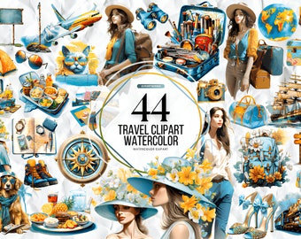 Imágenes prediseñadas de viajes de acuarela / Gráficos de vacaciones, avión, maleta, boleto, ilustraciones de equipaje / Descarga instantánea para uso comercial