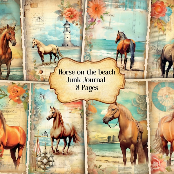 Watercolor Horse on the Beach Junk Journal Printable Page, Horse Junk Journal Kit,Junk Journal Paper Digital Collage Sheet, Instant Download