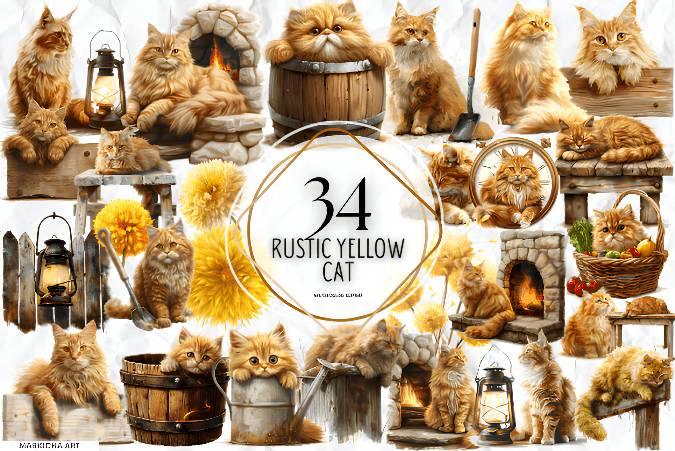 Watercolor Rustic Yellow Cats Clipart Cute Floral Tabby Cats and