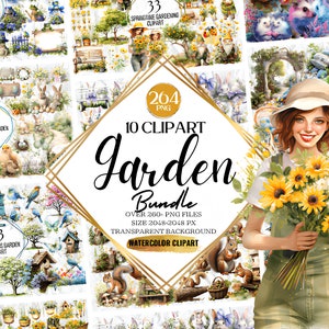 Megabundle 264 Imágenes prediseñadas de jardines de acuarela, ilustraciones de jardines de primavera, gráficos de imágenes prediseñadas de jardines pintados, descarga instantánea para uso comercial