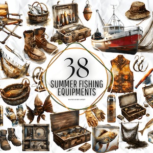 Summer Fishing Equipments Clipart Watercolor Bundle Set PNG Transparent Background DIY Sublimations Water Graphics png