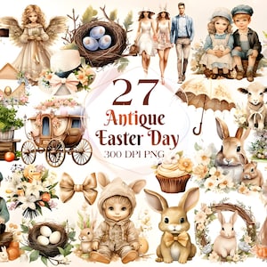 Antike Ostern Clipart, Beige Ostern Clipart, Osterhase Clipart, Ostereier PNG, Ostern Clipart, Ostern Korb Clipart digital