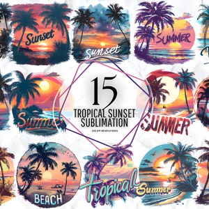 Tropical Sunset Sublimation - Tropical Clipart Summer Clipart Beach Landscape Summer PNG Bundle Free Commercial Use