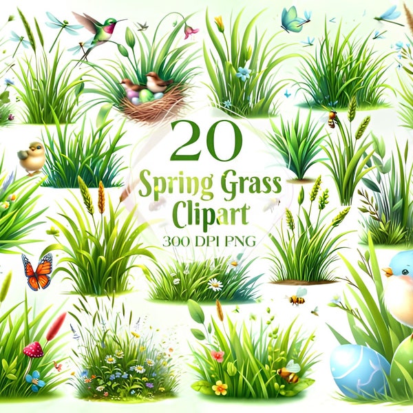 Watercolor Spring Grass Clipart Bundle - Easter clipart spring tufts of grass botanical PNG format instant download for commercial use