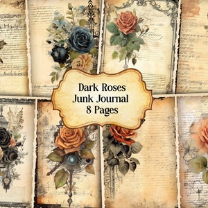 Dark Roses Junk Journal Kit, Vintage Red Roses Junk Journal Pages, Dictionary page Junk Journal Printable Paper, Digital Collage Sheet