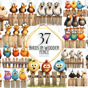 Funny Birds on Fences Clipart 37 Png, Cute Caricature Songbirds, Quirky Bird Watercolor, Silly Animal Png, Digital Print Scrapbooking