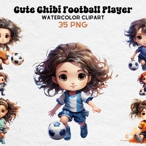 Cute Football Chibi Girls, Watercolor Girls, Cute Illustrations, Digital Craft Bundle, Scrapbooking Bundle, Whimsical Paper Craft, Tropic