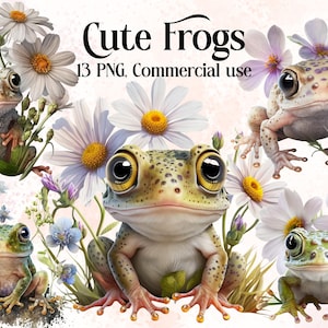 Frogs Cute Frogs clipart, Woods Forest Animals Frogs PNG Frog Daisy Flowers Water Lilies Sublimation Frog Printable Cute Aquatic Animals