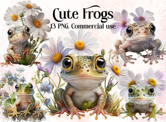 Frogs Cute Frogs clipart, Woods Forest Animals Frogs PNG Frog Daisy Flowers Water Lilies Sublimation Frog Printable Cute Aquatic Animals