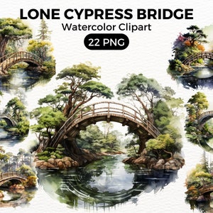 Lone Cypress Tree Bridge Clipart, Trees Digital watercolor png Bridge, Watercolor Clipart Spring, Forest Trees illustration Digital Art