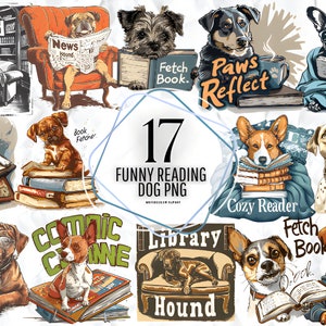 Imágenes prediseñadas de lectura de perros divertidos, lindos gráficos de cachorros riendo, imágenes prediseñadas de animales divertidos, decoración de guardería, diario basura, descarga instantánea digital