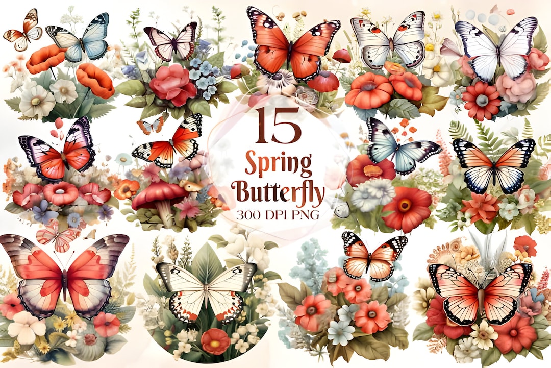 Floral Spring Butterflies Watercolor Clipart Bundle PNG Butterfly ...