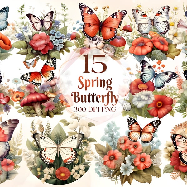 Floral Spring Butterflies Watercolor Clipart Bundle PNG Butterfly Flowers Images, Spring Graphics, Instant Digital Download, Commercial Use