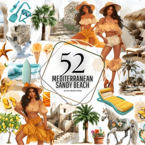 Mediterranean Sandy Beach - Beach landscape png clip art, Digital watercolor holiday clipart, Commercial use, Mediterranean sea trip PNG