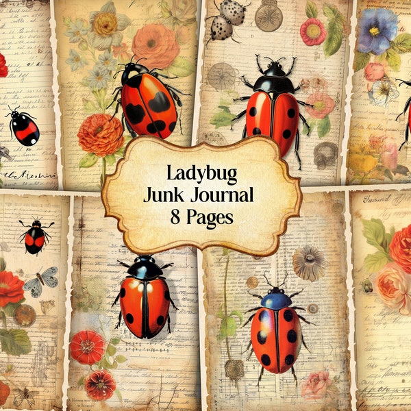 Watercolor Ladybug Junk Journal Printable Page, Ladybug Insect Junk Journal Kit, Junk Journal Paper Digital Collage Sheet, Instant Download