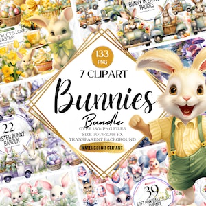 Megabundle 133 Watercolor Bunnies Clipart, Nursery Spring Clipart, Cute Bunny Clipart, Premade Clipart, Bunnies Clipart, Cute Floral Clipart