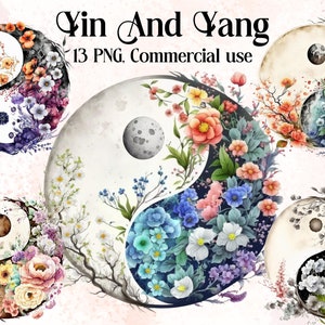 Clipart yin et yang, clipart floral, concept philosophique chinois, clipart boho, mariage PNG. Aquarelle numérique. Utilisation commerciale gratuite