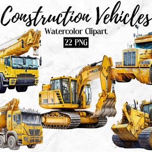 Aquarel bouwvoertuigen clipart bundel, graafmachine bulldozer kraanwagen, digitaal knutselen, digitale clipart, plakboek, aquarel PNG