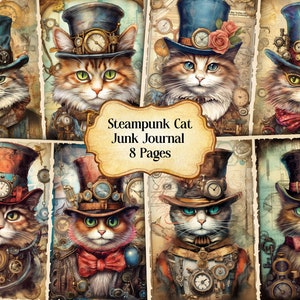 Watercolor Steampunk Cat Junk Journal Printable Page, Steampunk Junk Journal Kit,Junk Journal Paper Digital Collage Sheet,Instant Download