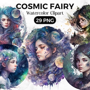 May include: A set of 29 digital watercolour clipart images featuring cosmic fairies with galaxy and nature elements. The fairies have long flowing hair, delicate features, and are surrounded by stars, planets, and flowers.