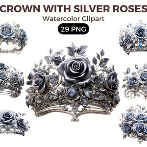 Royal Crowns With Silver Roses Clipart, Watercolor floral clipart, bouquets, flowers, nursery, wreath, blossom, for portraits, accessories