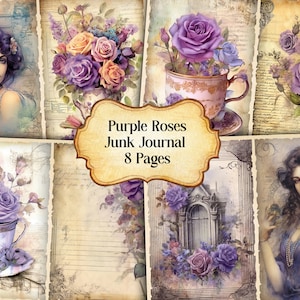 Purple Roses Junk Journal Kit, Vintage Red Roses Junk Journal Pages, Dictionary page Junk Journal Printable Paper, Digital Collage Sheet